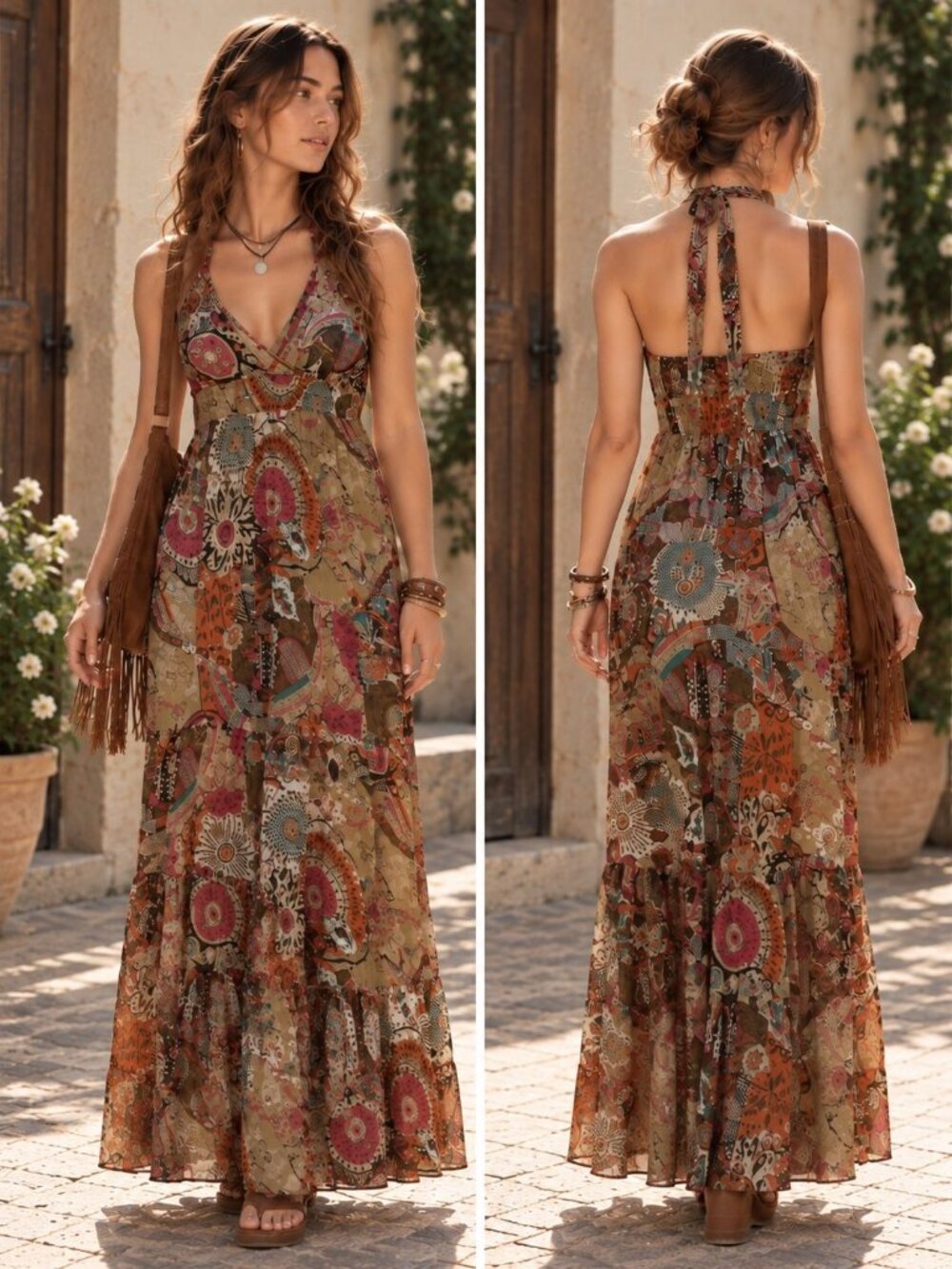 Vtg Y2K Forever 21 Boho Floral Halter Maxi Dress Sz M Smocked Tiered Fairy Gypsy